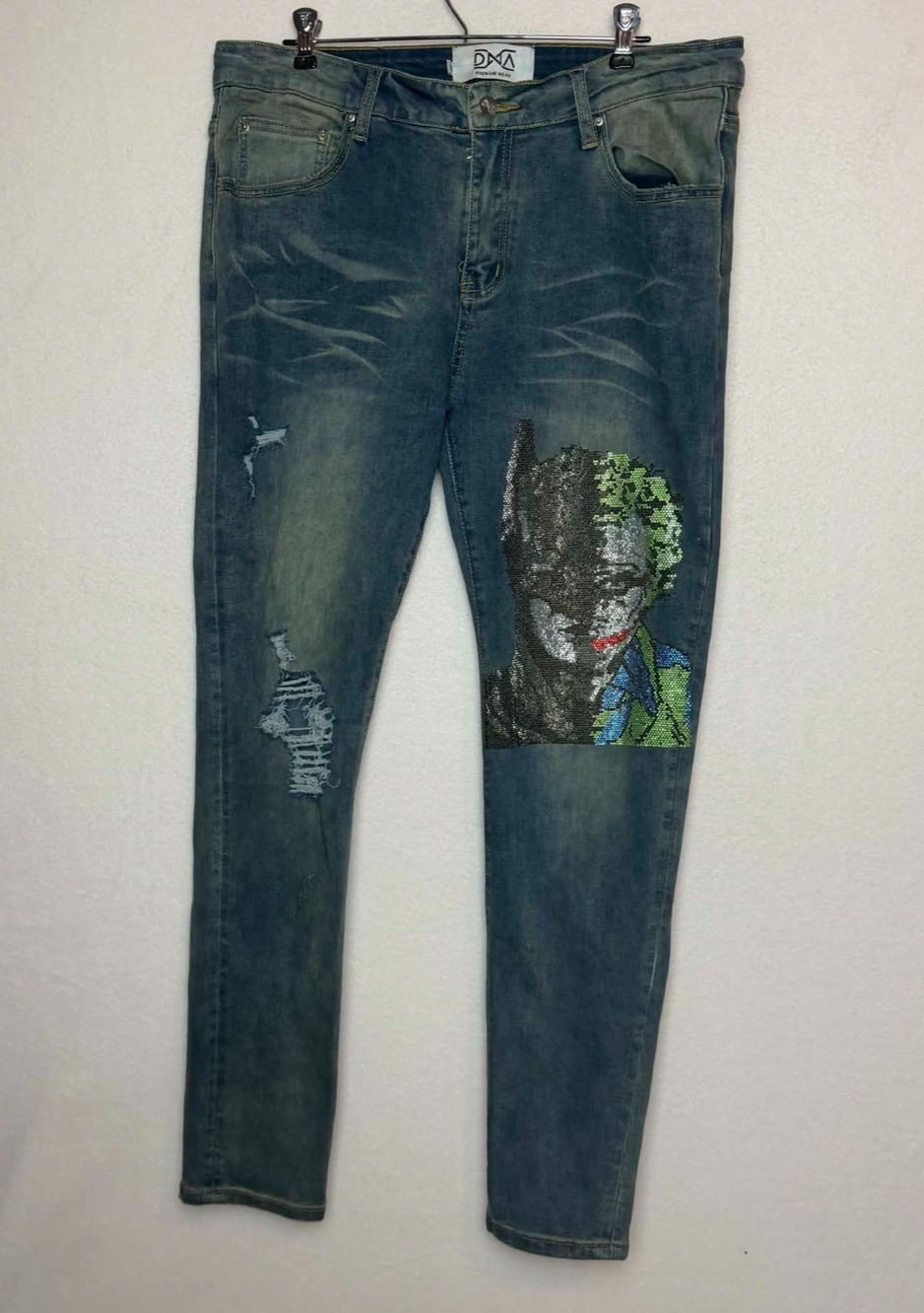 DNA Denim Jeans Batman Joker Rhinestone Graphic Distressed Denim Men's Size 36